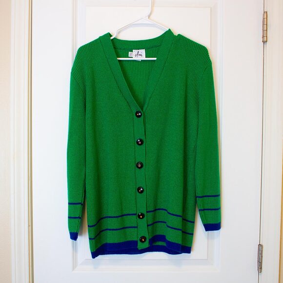 Preppy VTG Ami Sweater Kelly Green Cardigan Striped Collegiate 14 Bright Spring - Picture 5 of 10